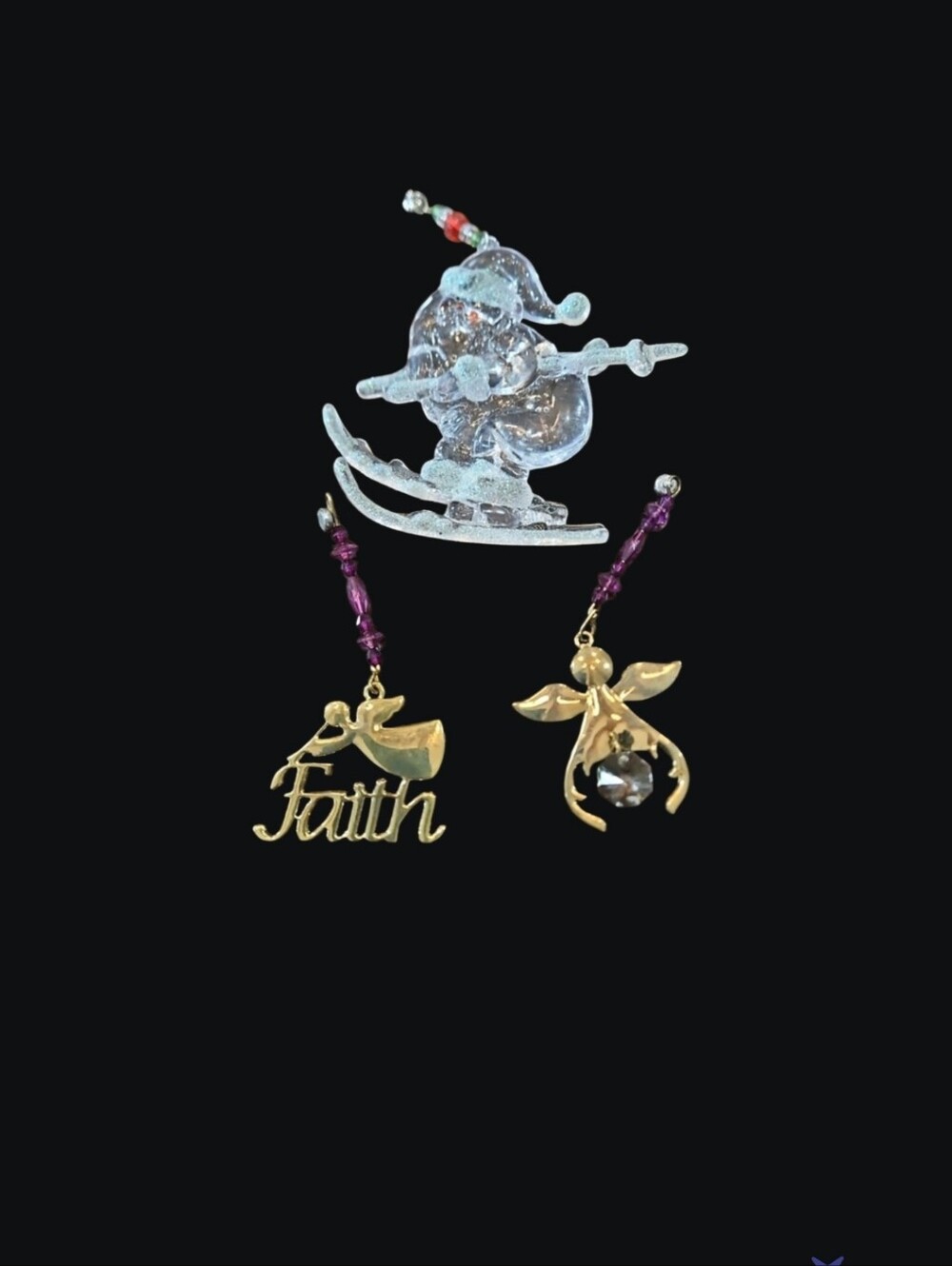 Glittered Clear Glass Skiing Santa Magnets Angels Set 3